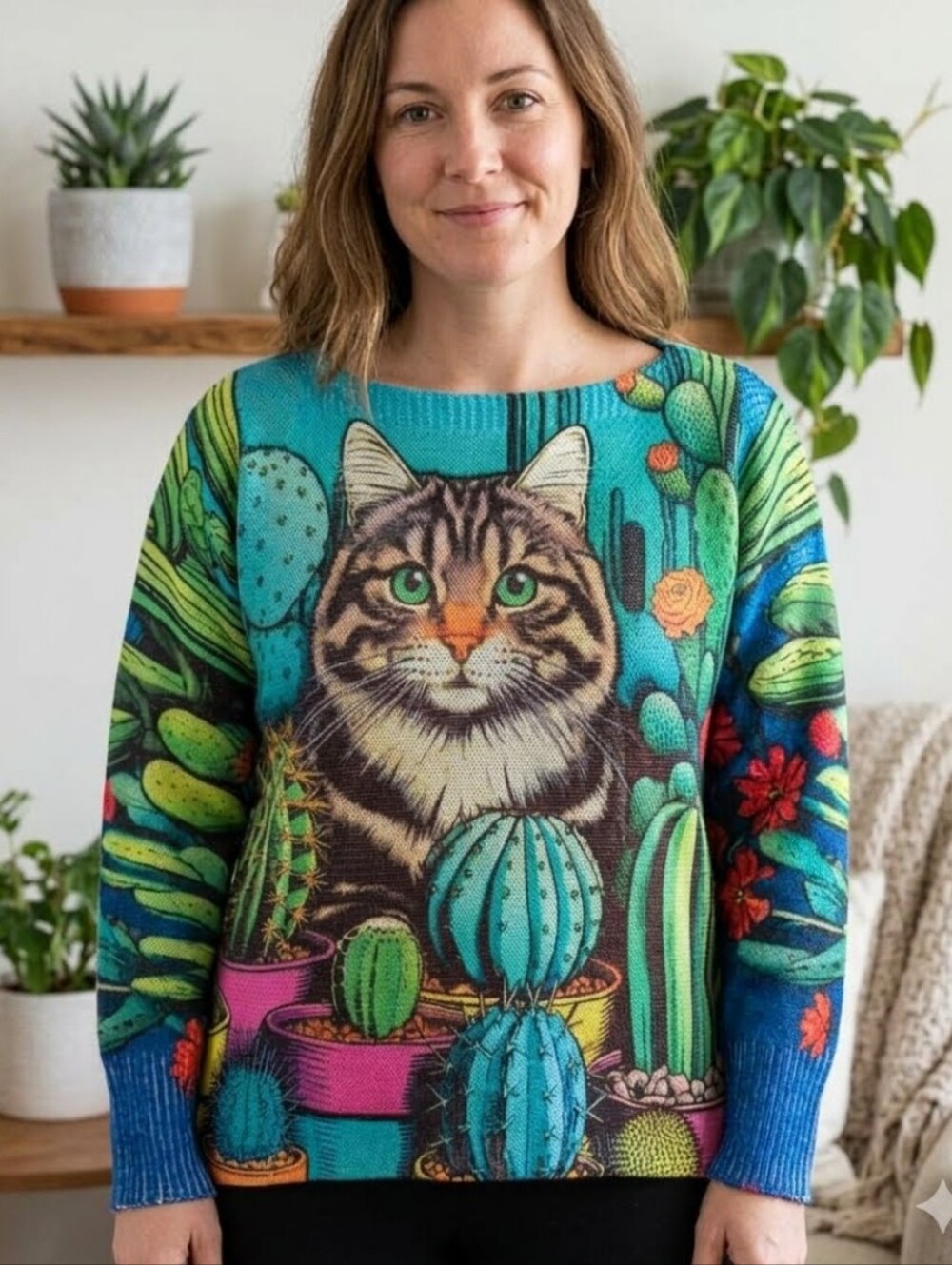 Vintage Turquoise & Green Cat Cactus Sweater with Cute Cats Mug